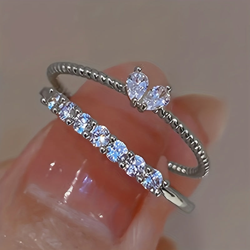 Women's Luxury Elegant Design Adjustable Heart Rhinestone Stackable Ring Set, Perfect For Daily Gatherings, Music Festivals & Banquets, Ideal Gift For Friends