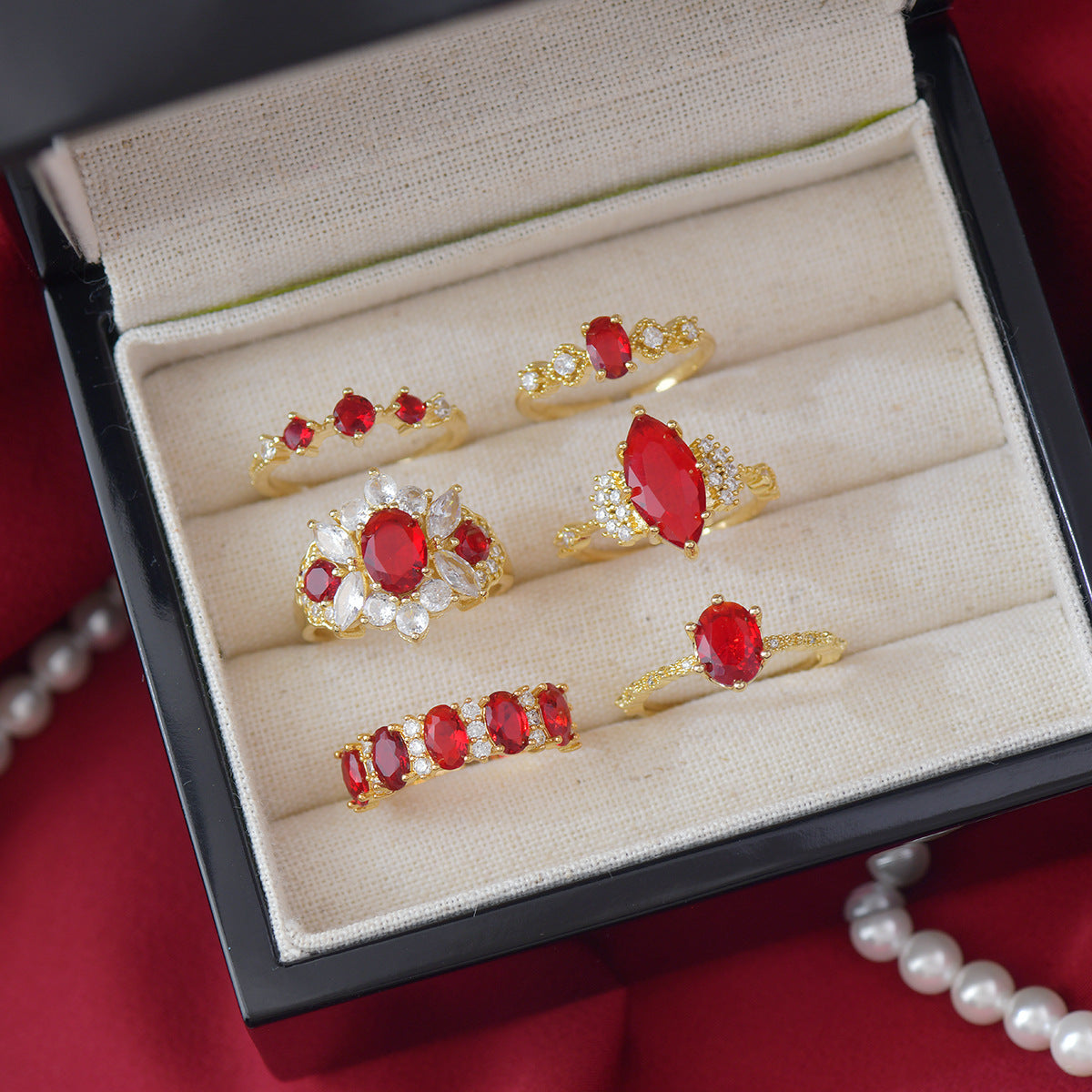 Horse-eye Olive Green Zircon Heavy Industry Stylish Open Ring Women's Red