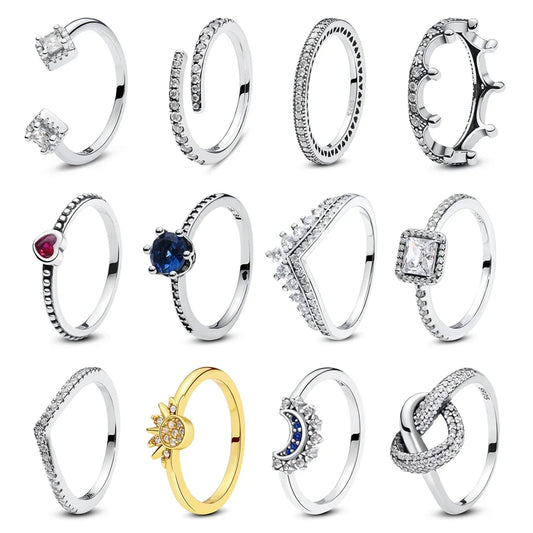 925 Sterling Silver Rings For Women Original Crown Love Heart Wishbone Engagement Wedding Rose Gold Crystal Ring Luxury Jewelry