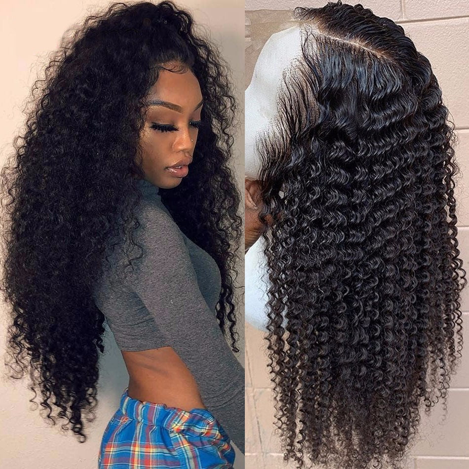 Black Wig Head Cover Fluffy Long Curly Hair Mid-split Full Top Pullover